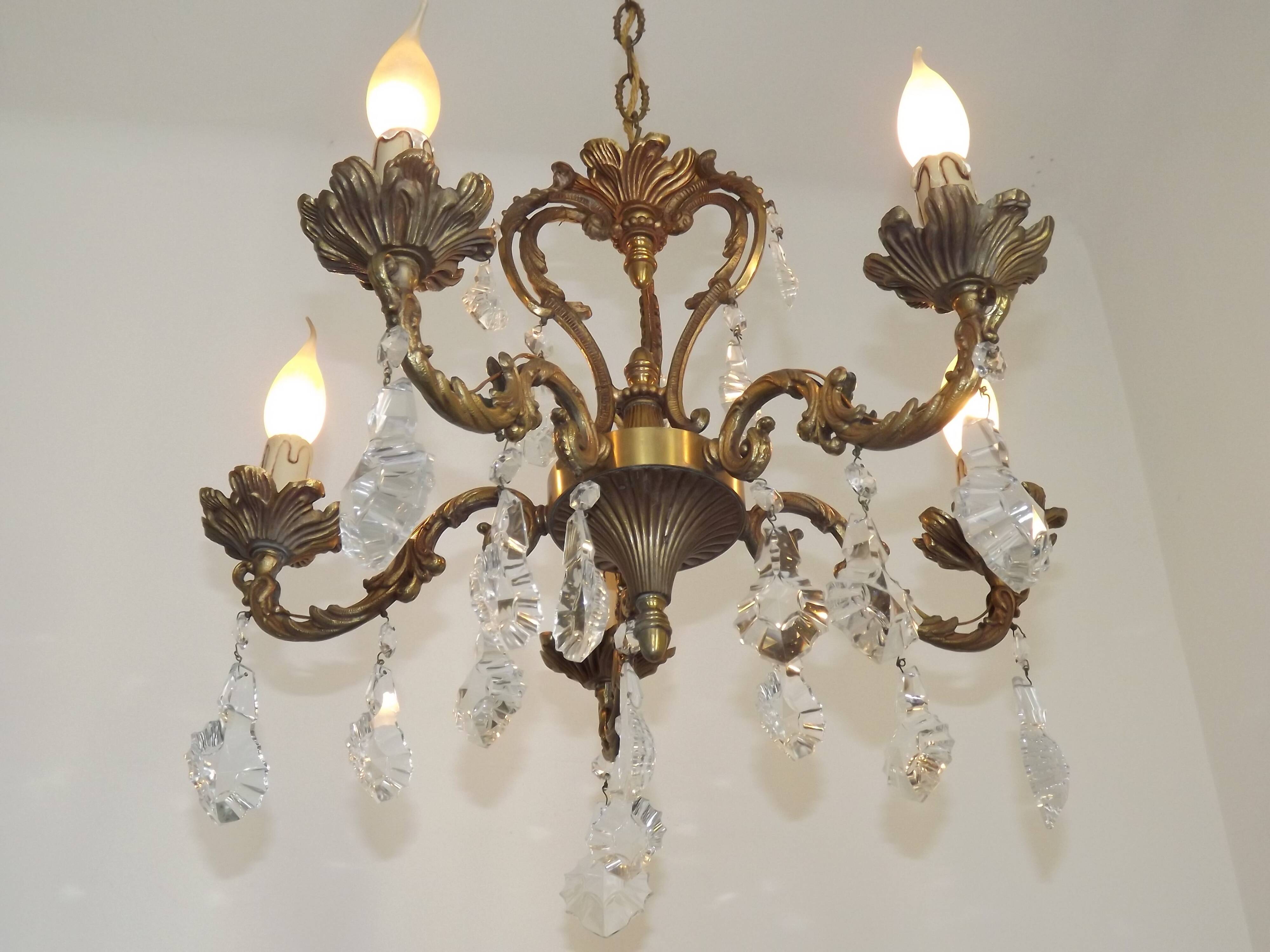 French Art Nouveau 5-Light Bronze 3 sided Crystal Cage Chandelier