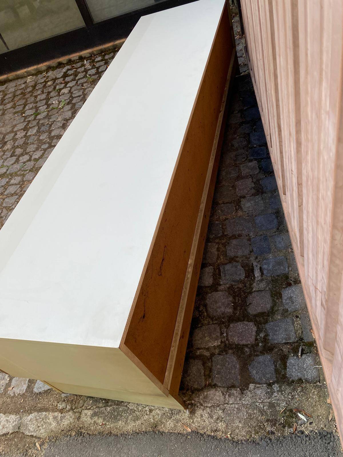 Large Scandinavian low sideboard 220x50cm solid teak & white TV unit 196