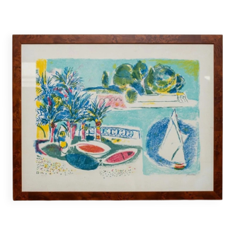 Multicolore Vintage Lithography on Paper by Enrico Paolucci – Beach Motif, 1970s Wall Art in Burl-Wood Veneer Frame