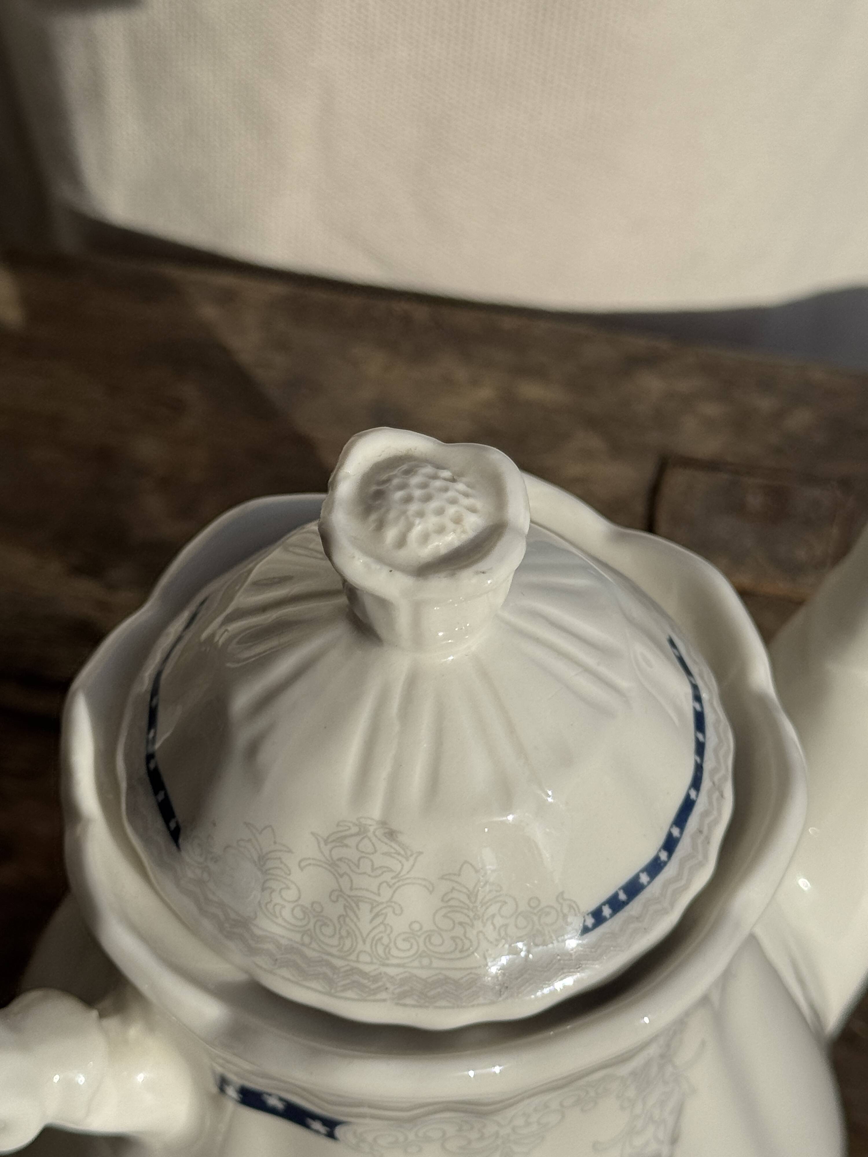 White earthenware teapot with blue and silver trim H22.5