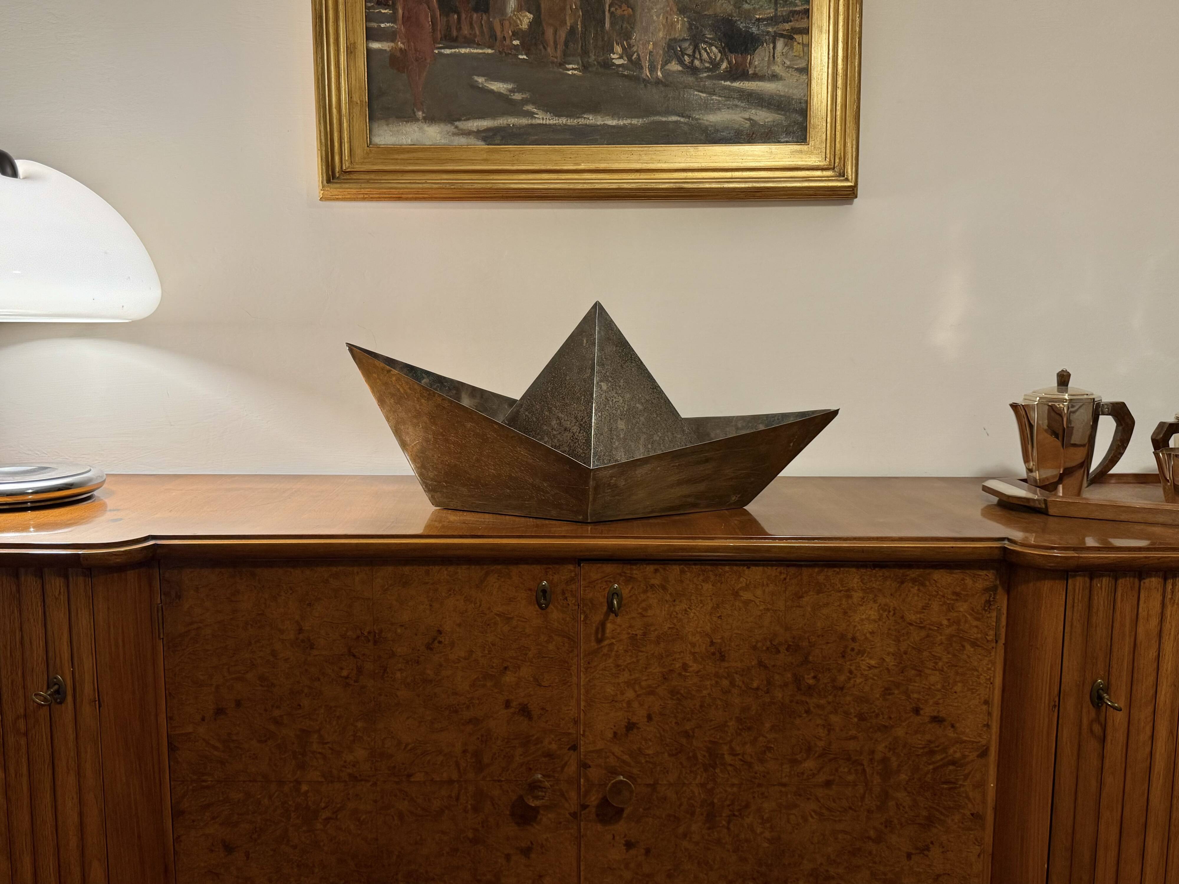 Modern silver-plated paper boat sculpture, Paola C. Aldo Cibic Italy 1980