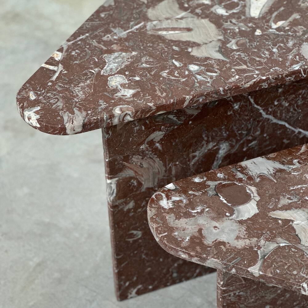 Set of 2 Belgian Rouge Griotte marble coffee tables, vintage postmodern nesting