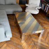 Table basse massive en métal chromé et laiton, Italie années 1970