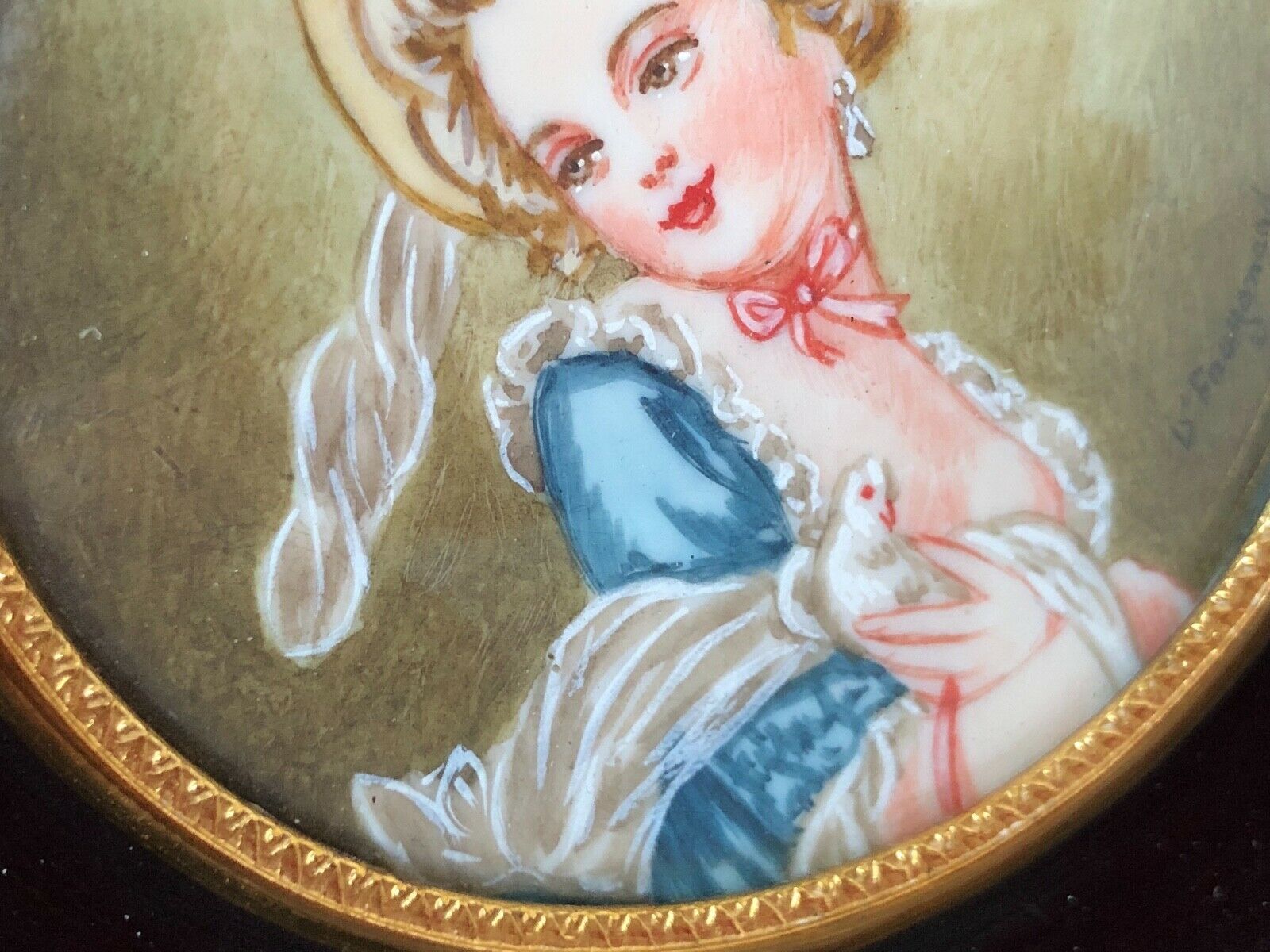 Miniature peinte à la main d'apres Fragonard cadre en bois vers 1900