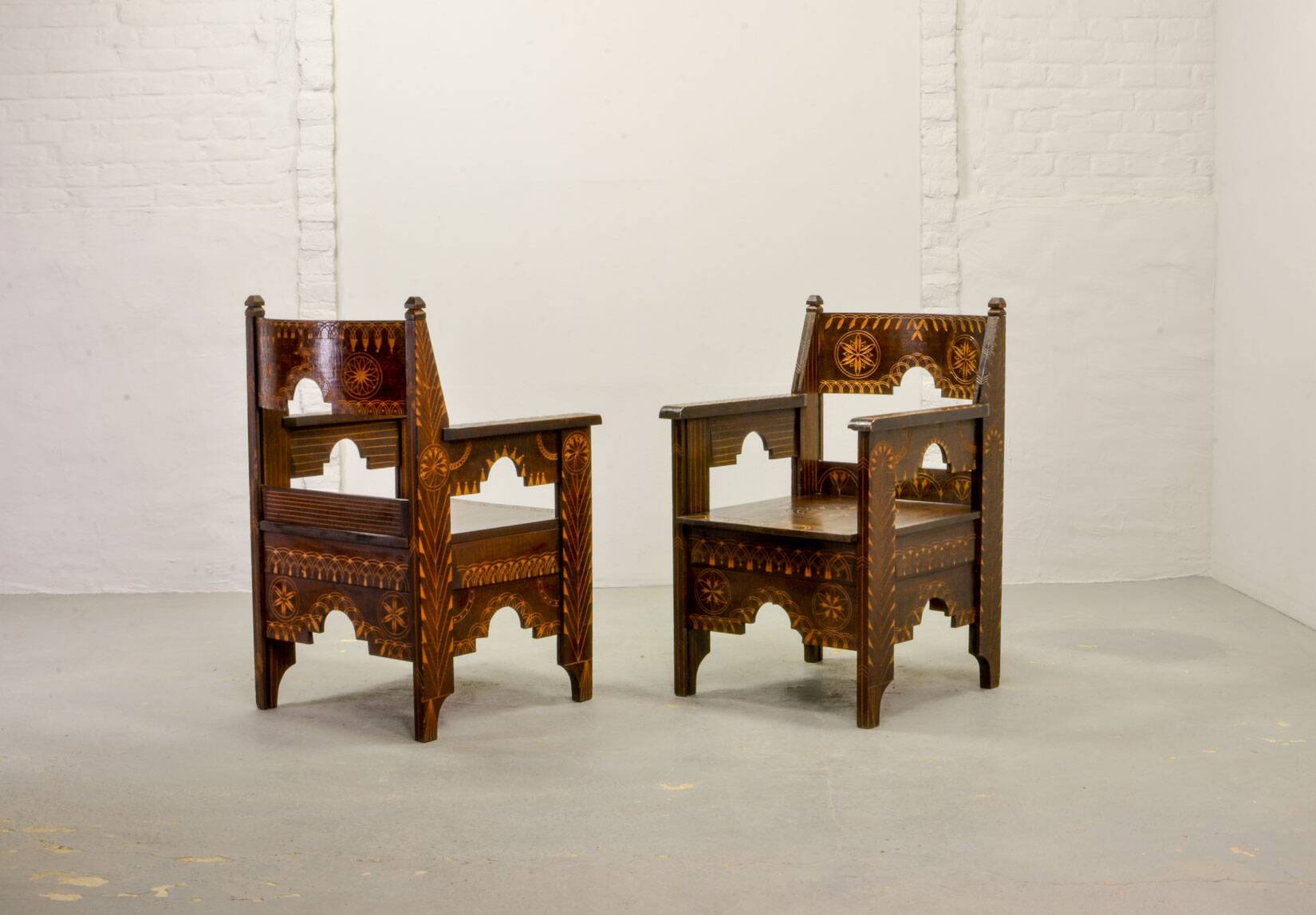 Set of Middle East Design Carved Wooden Moorish Decorated Side Chairs 1950s