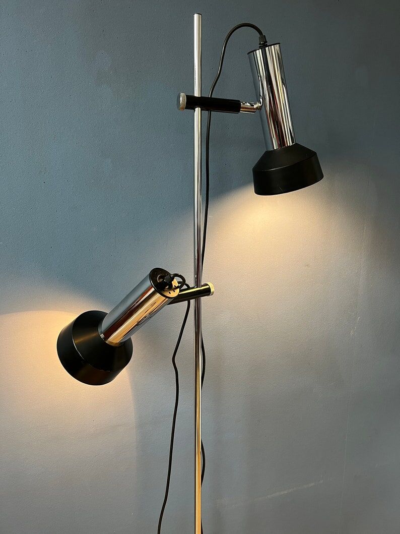 Mid-century floor lamp with two black/chrome spotlights