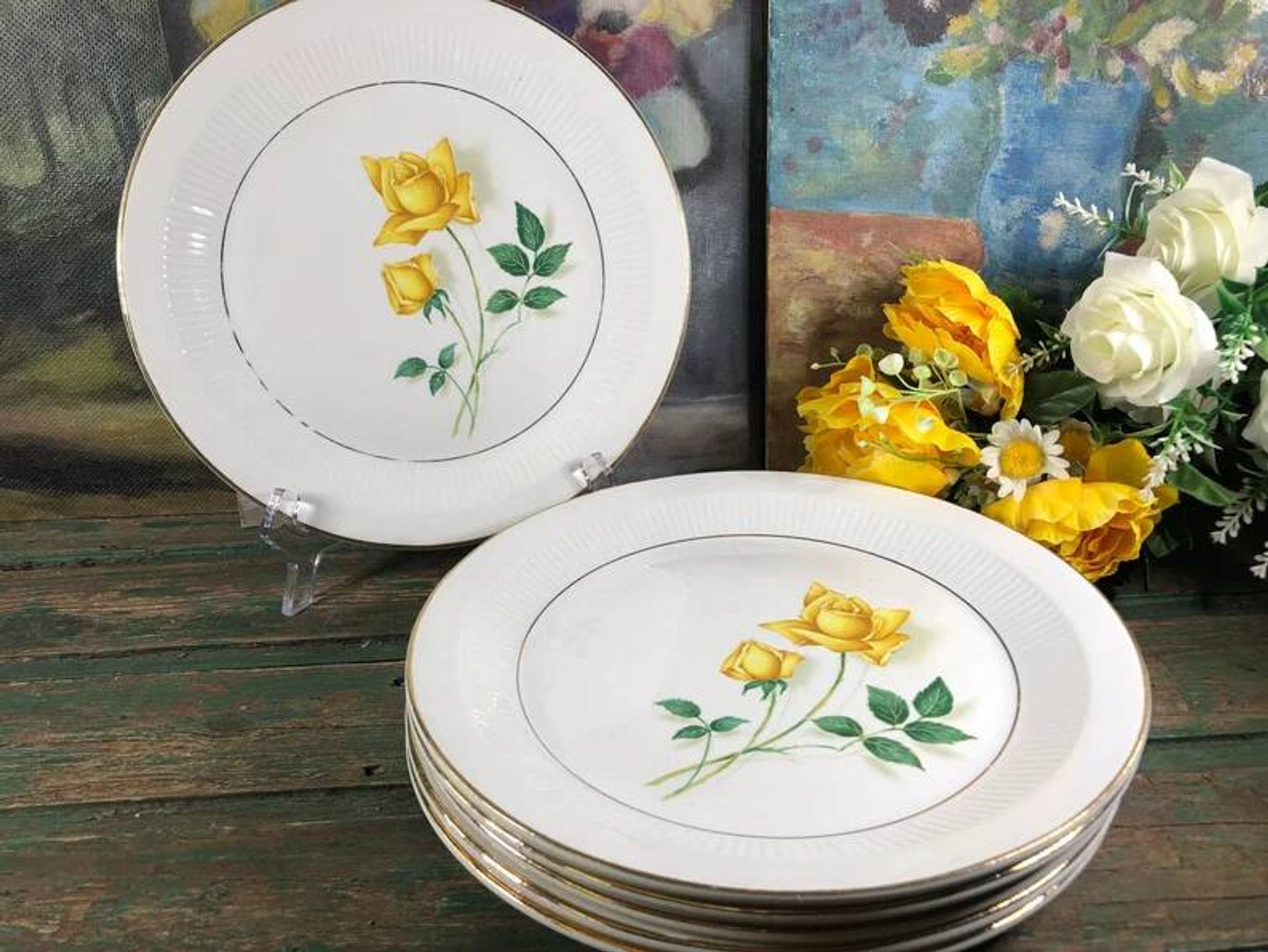 6 white flat plates pink yellow Moulin des Loups Orchies
