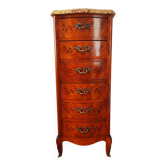 Chiffonnier galbé en marqueterie – plateau marbre – style Louis XV