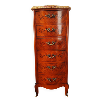 Curved chest of drawers in marquetry – marble top – Louis XV style