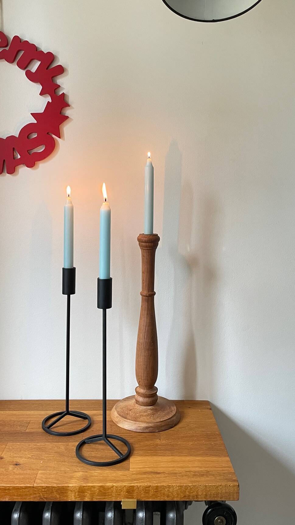 Trio of Vintage Teak and Steel Candlesticks