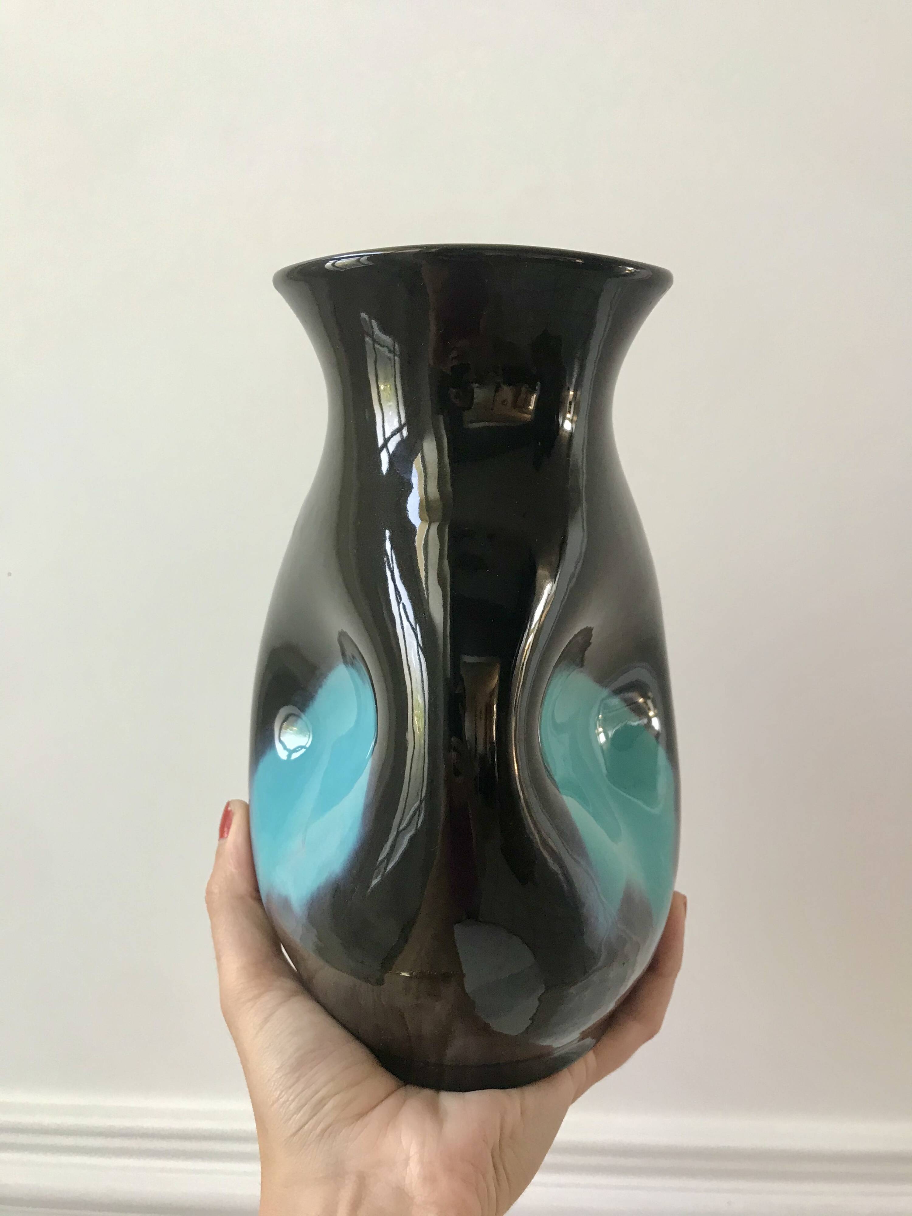 free-form design vase in black and blue ceramic from the 70s