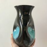 free-form design vase in black and blue ceramic from the 70s