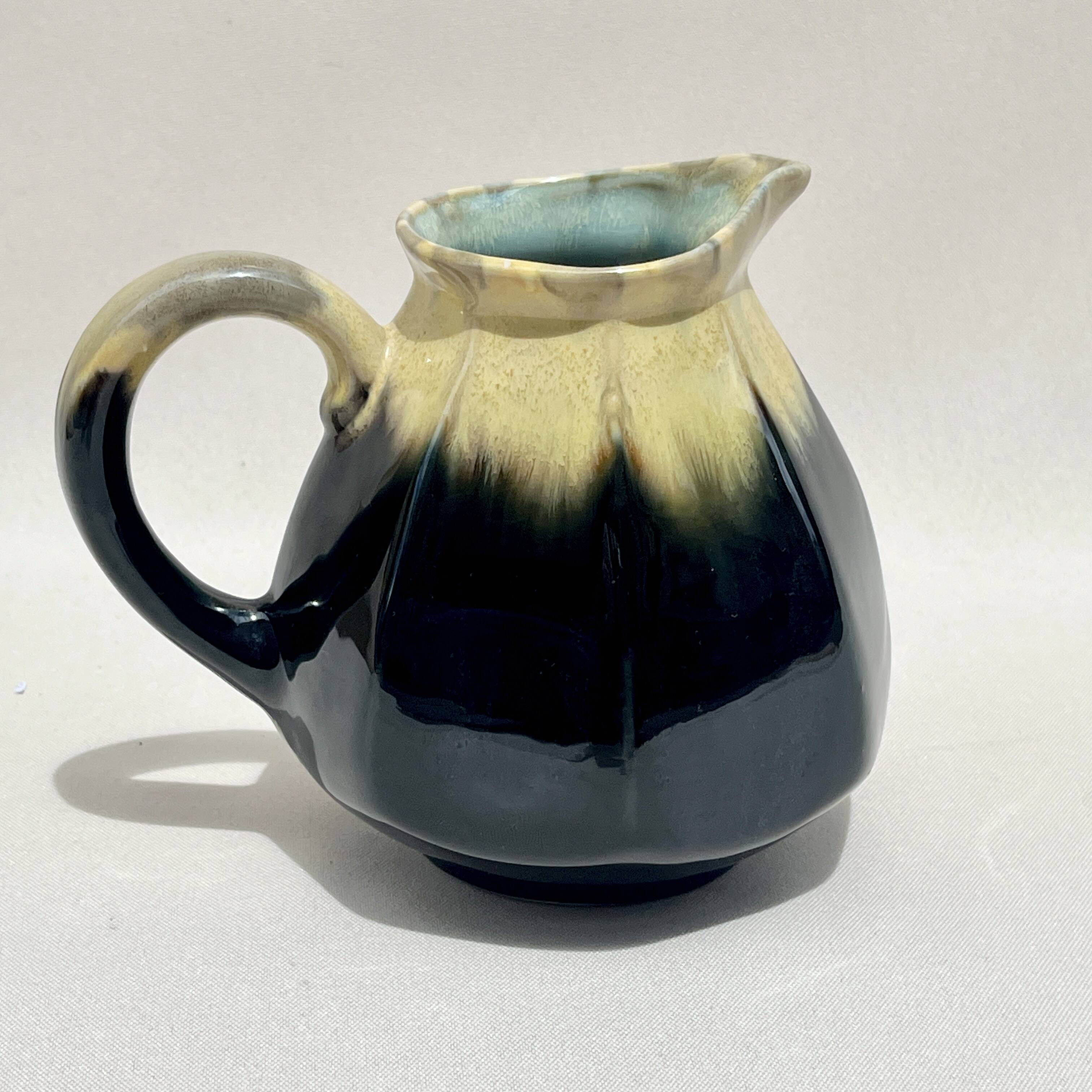 Alpho pitcher in flamed black yellow stoneware vintage 1930 1940 water jug