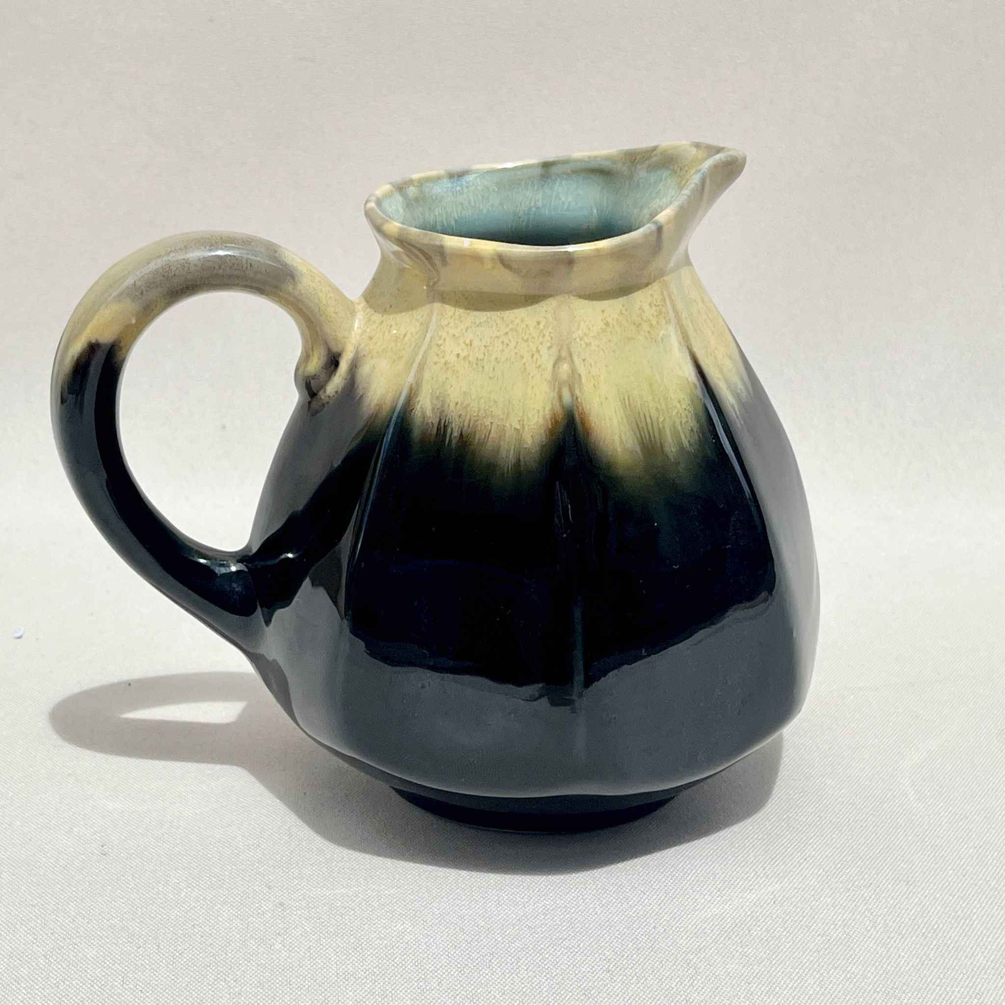 Alpho pitcher in flamed black yellow stoneware vintage 1930 1940 water jug