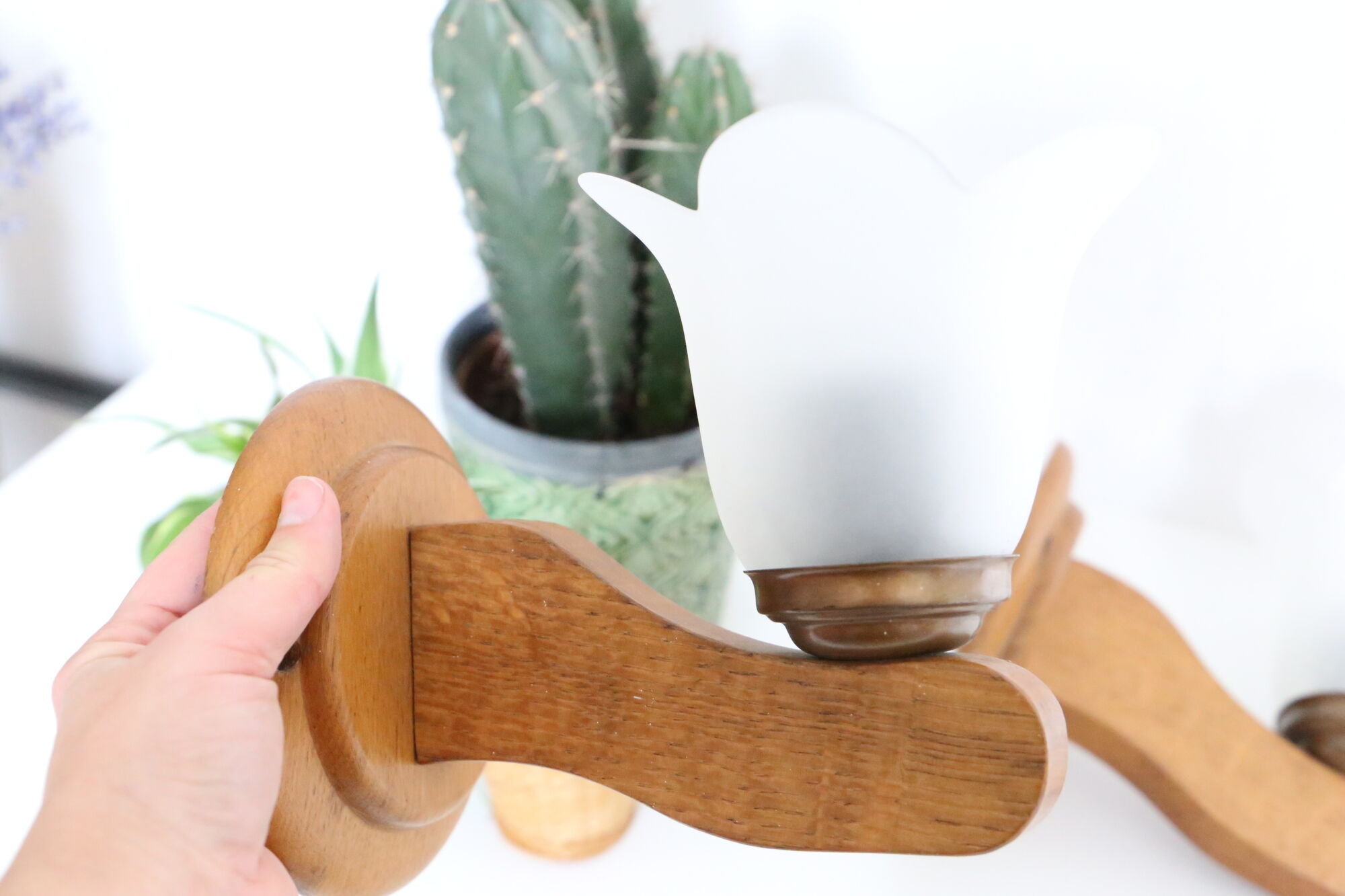 Duo of wooden appliques and tulip globe in scrambled glass, based on brass