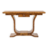 Une console Art Déco en bois de hêtre et en loupe d'orme avec un tiroir