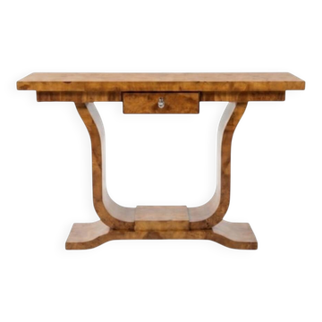 Une console Art Déco en bois de hêtre et en loupe d'orme avec un tiroir