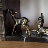 Art Deco bookends "Doe & Fawn" in black marble and gold metal