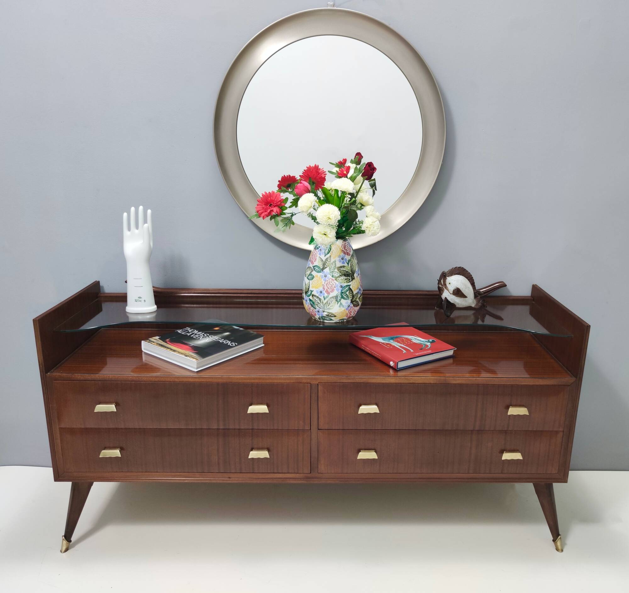 High-Quality Walnut Chest of Drawers with a Thick Glass Top, Italy
