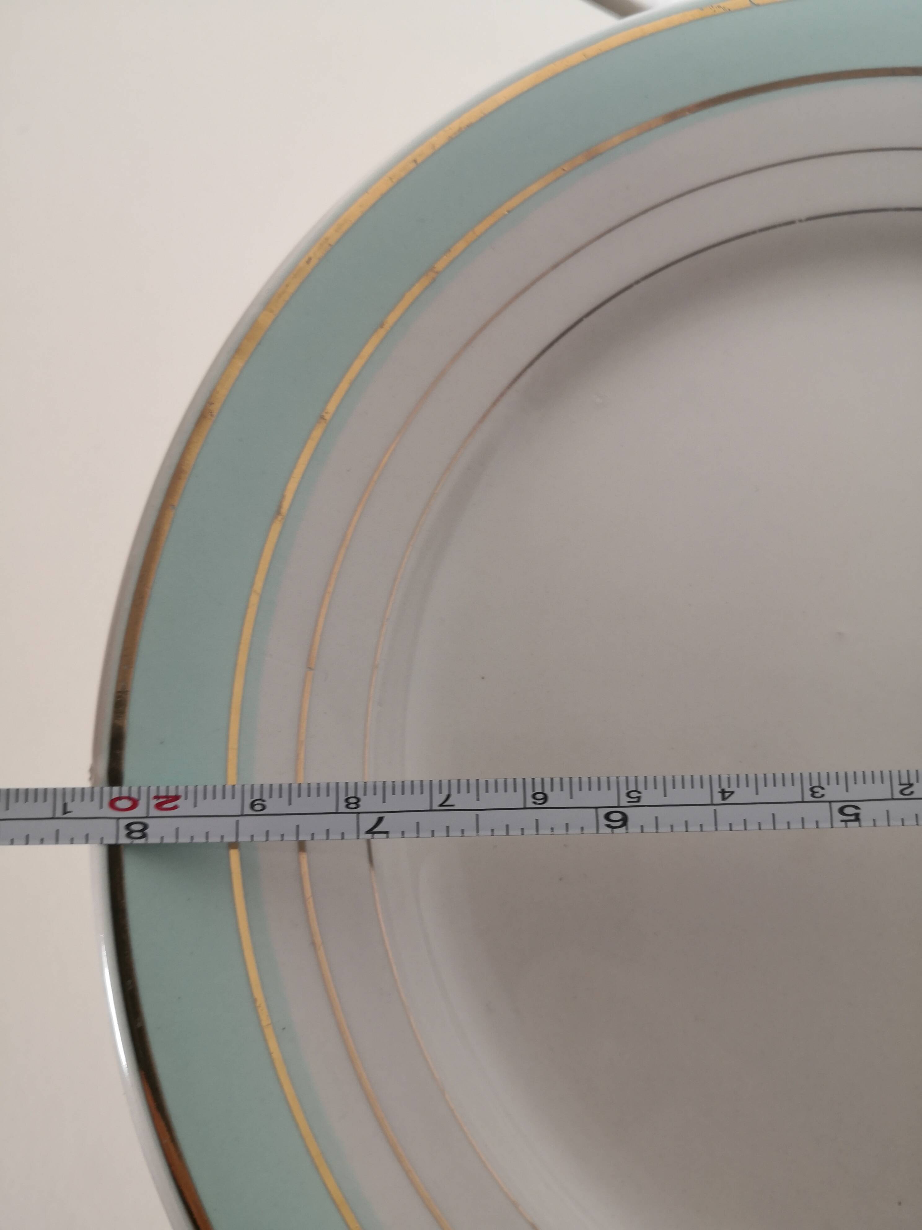 set of 9 green, white and gold Luneville plates