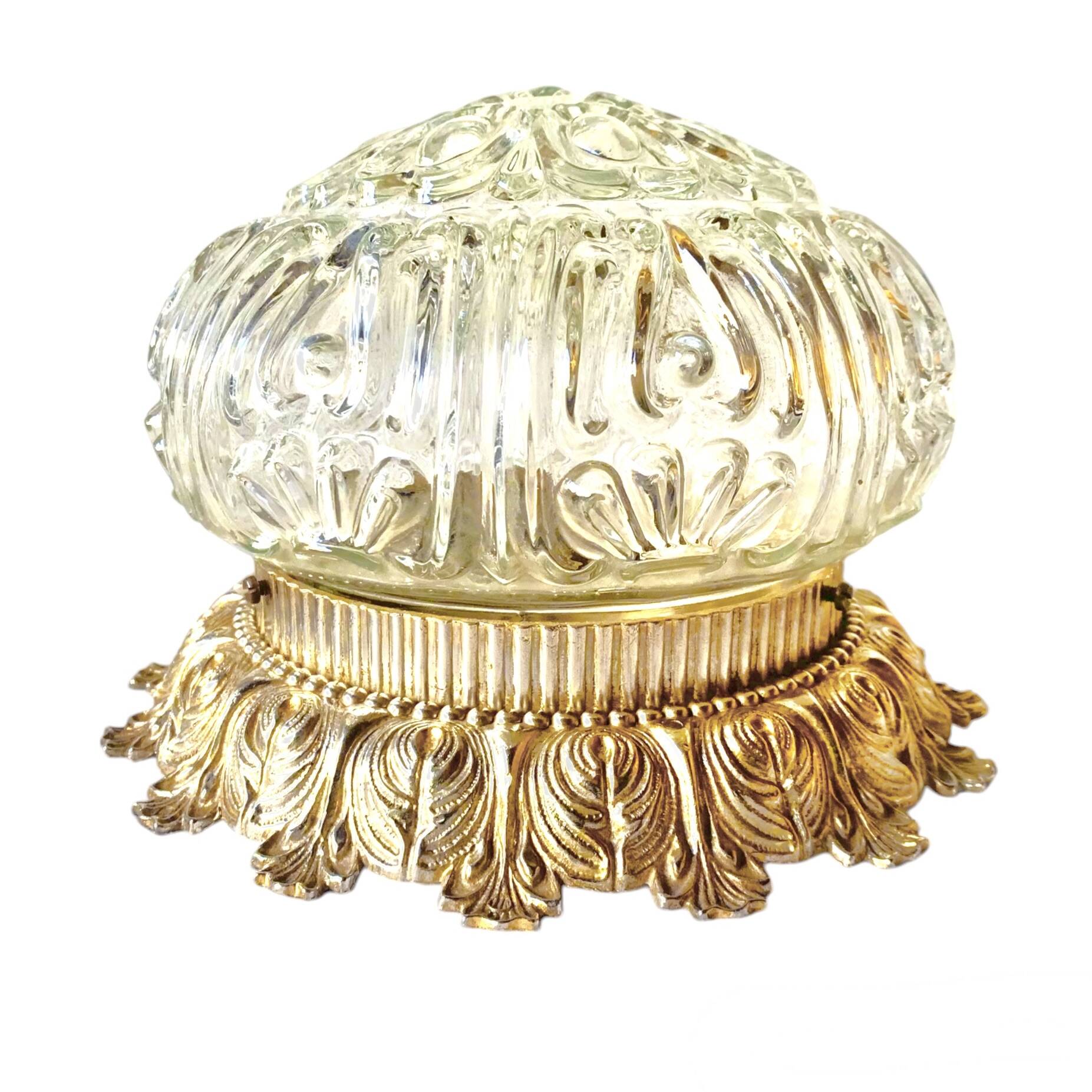 Vintage ceiling light in molded glass and golden brass