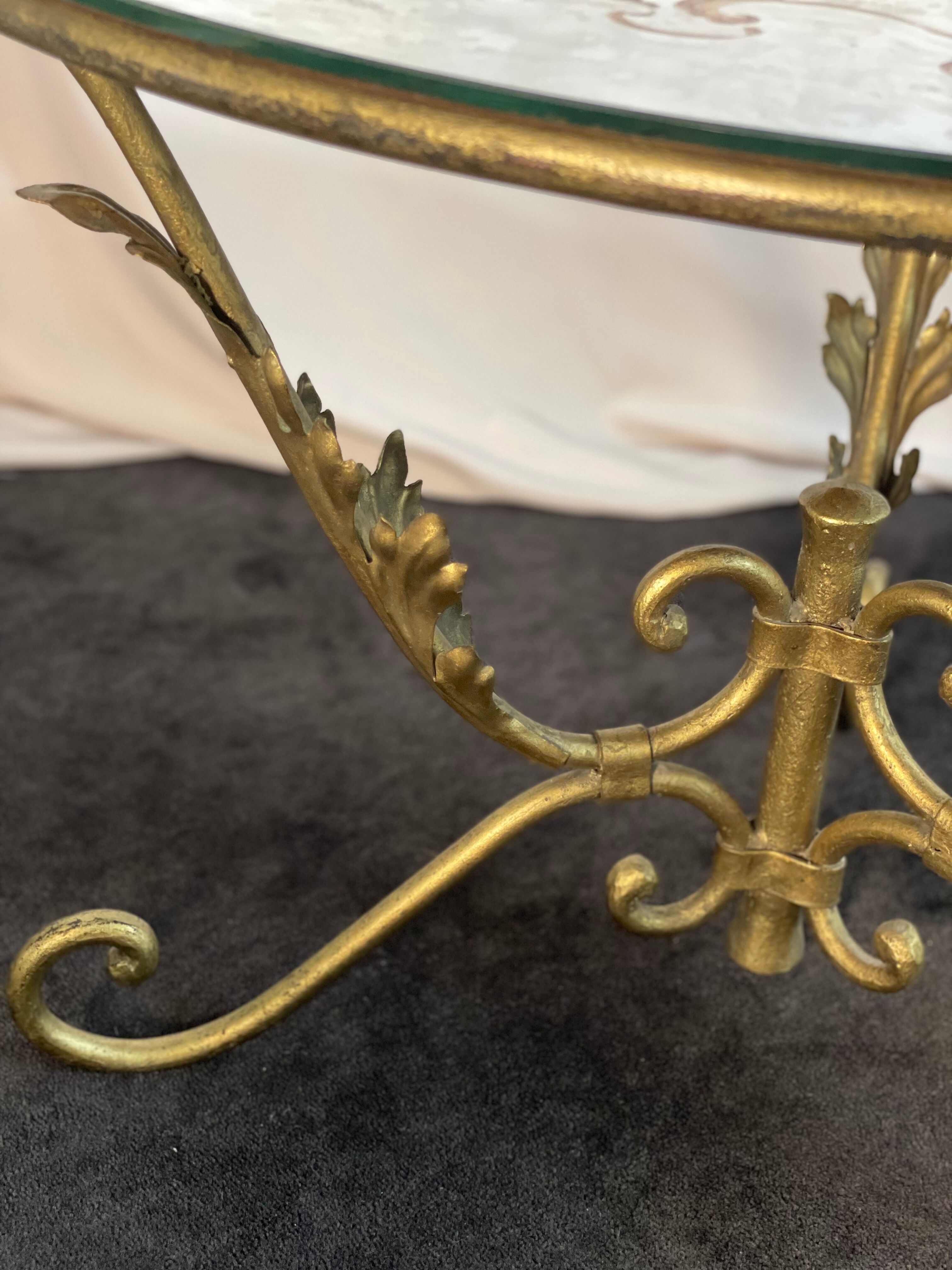 Round coffee table base in gilded wrought iron beautiful top enamelled glass 50s
