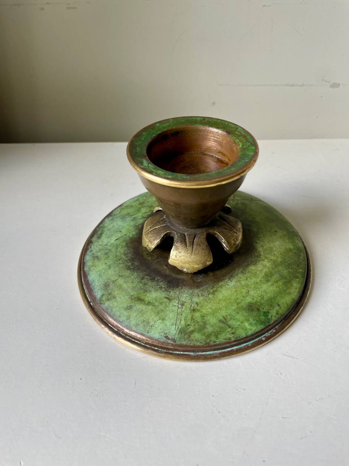 Scandinavian ART DECO candle holder in Bronze with verdigris patina