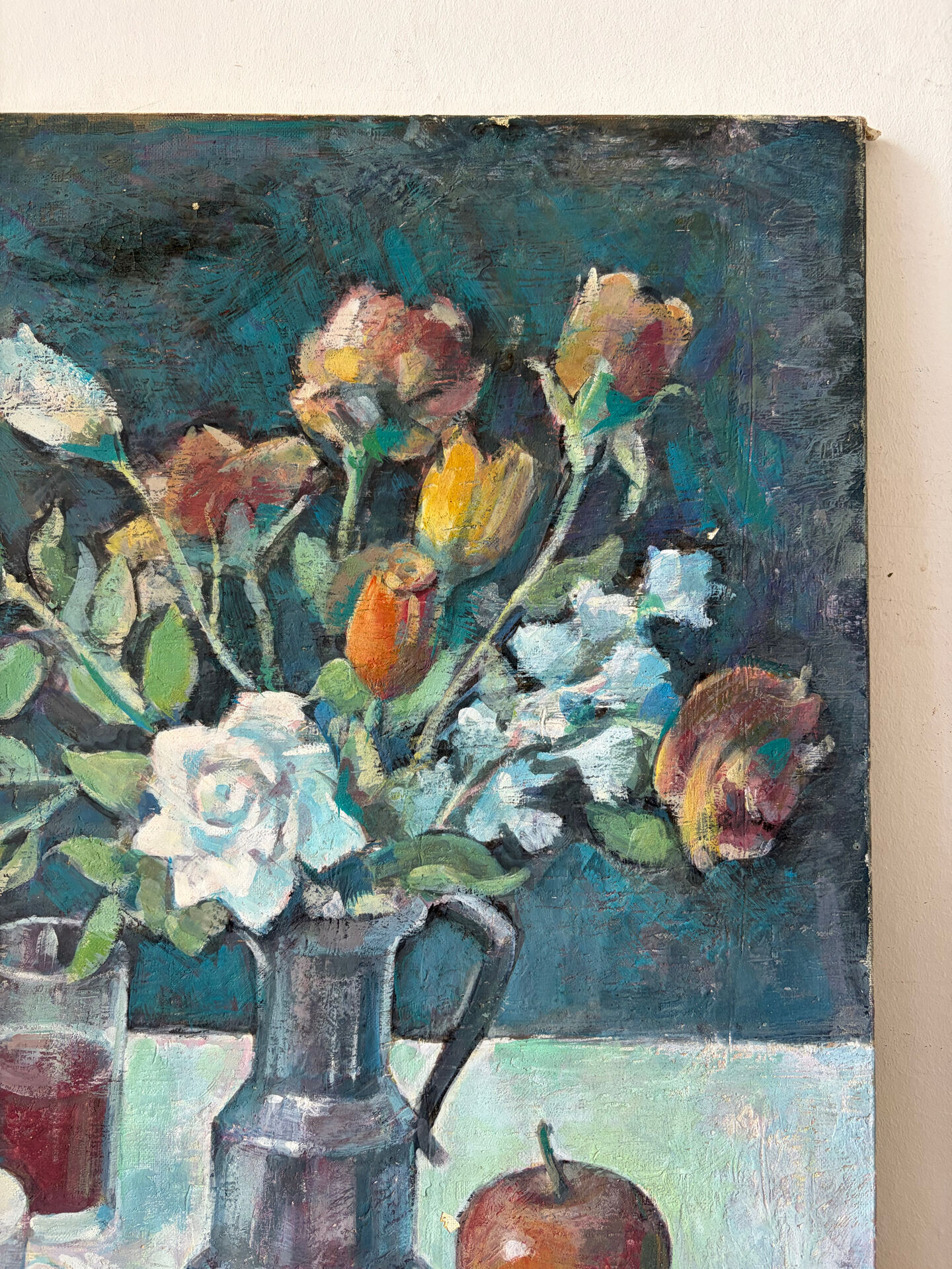 Nature morte - bouquet avec café et fruits, huile sur toile