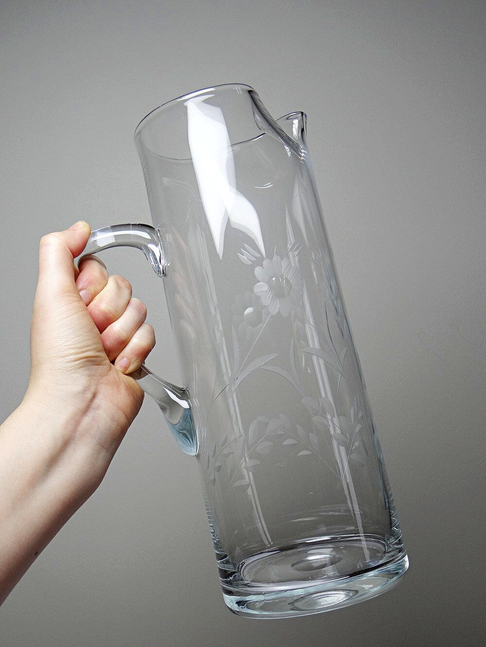 Old crystal/pulled glass pitcher engraved with floral decoration, Europe 1920-1930