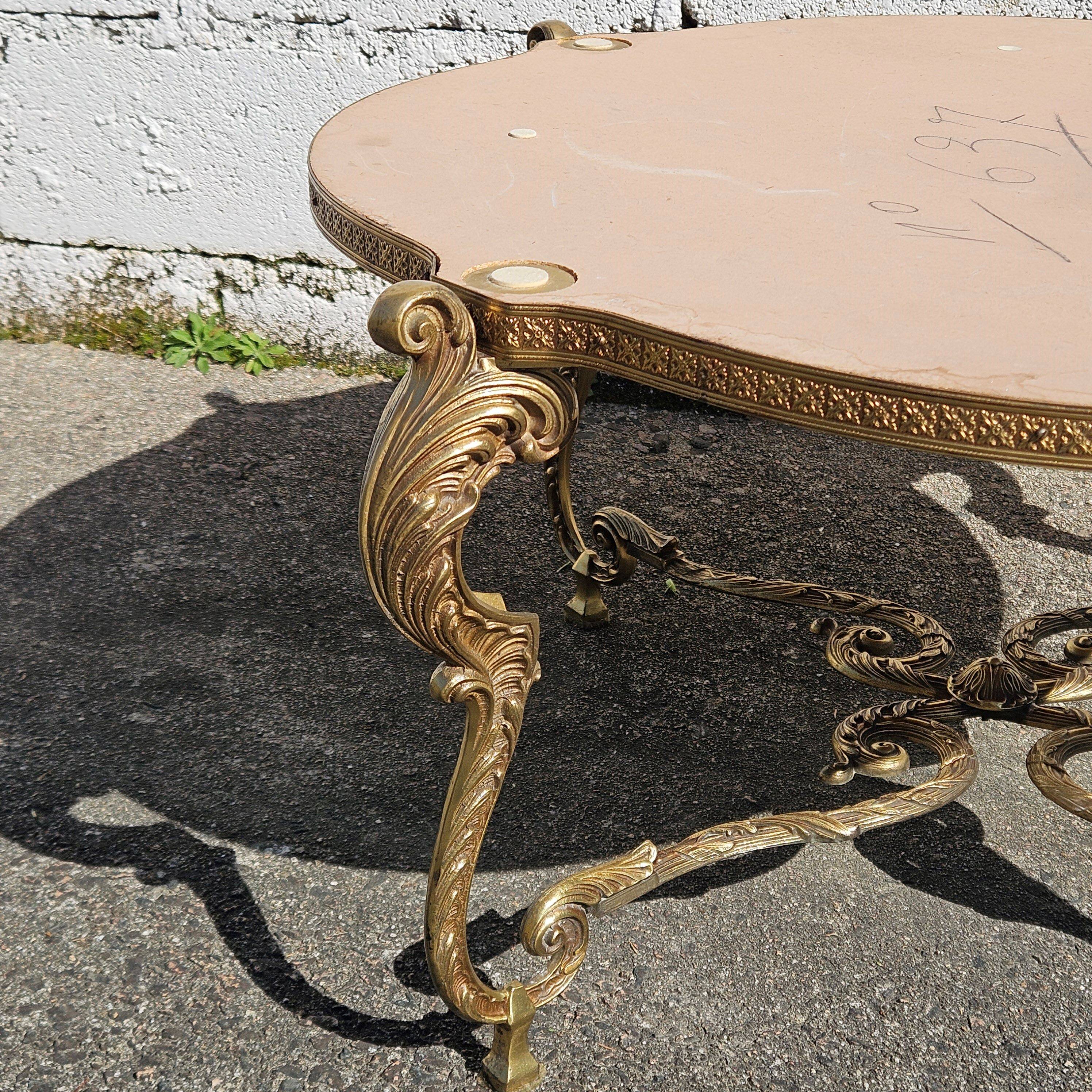 French Vintage Onyx Marble Bronze Coffee Table Style Louis XV 60s
