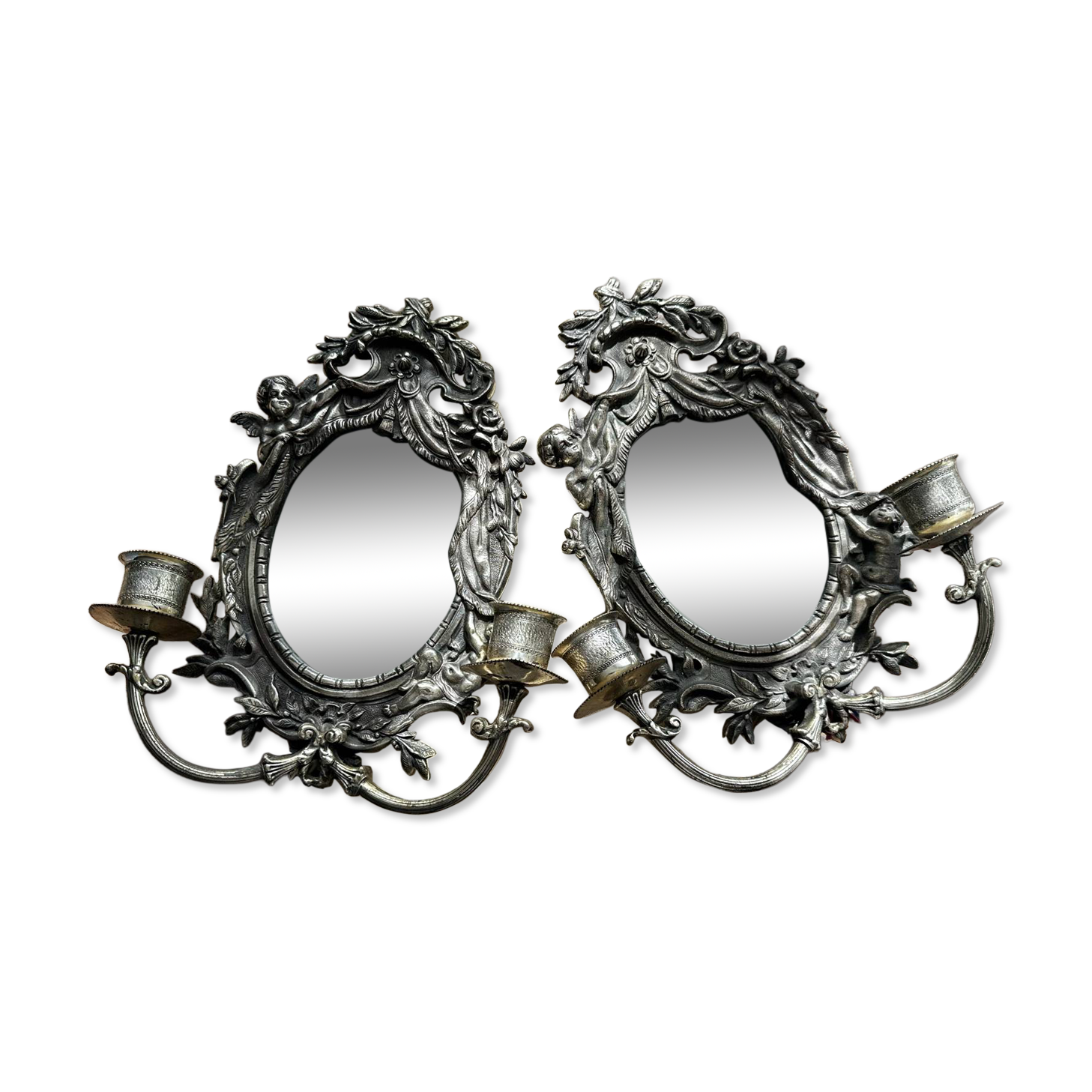 Rare pair of mirror sconces with putti. Napoleon III / Art Nouveau ~