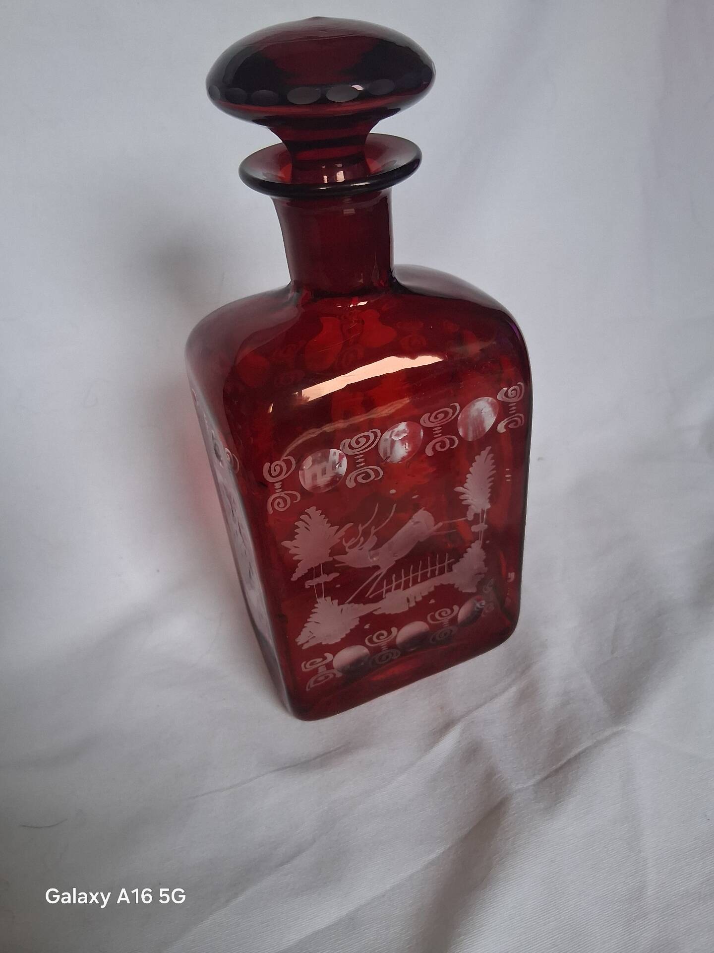 Antique Bohemian Crystal Carafe Egermann Ruby Red Engraved.
