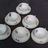 6 CUPS and undercups in NBD Limonges porcelain, hand illuminated, floral patterns