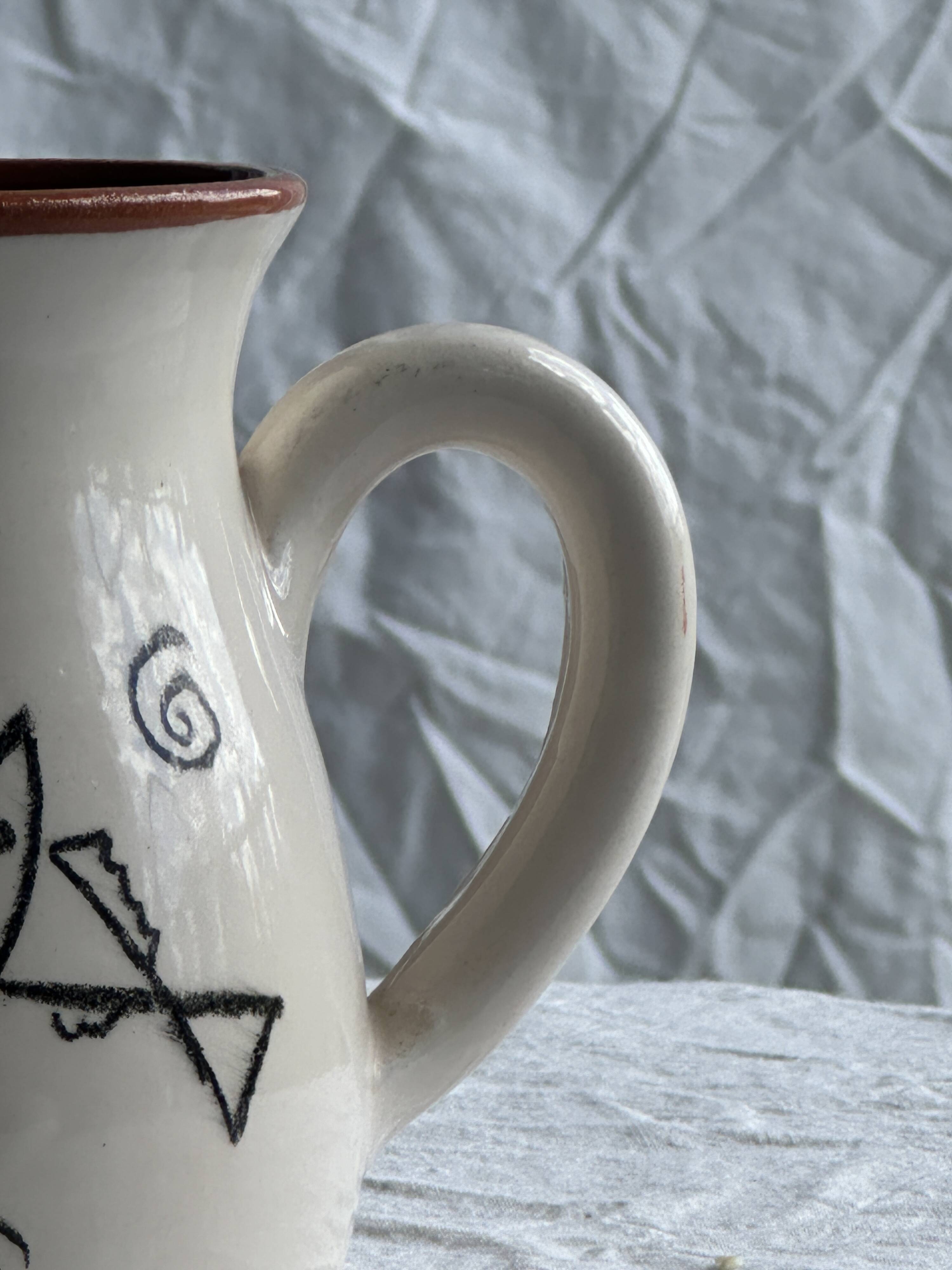 Small handmade white and ocher earthenware pitcher Sifnos Apostolidis Hand Made
