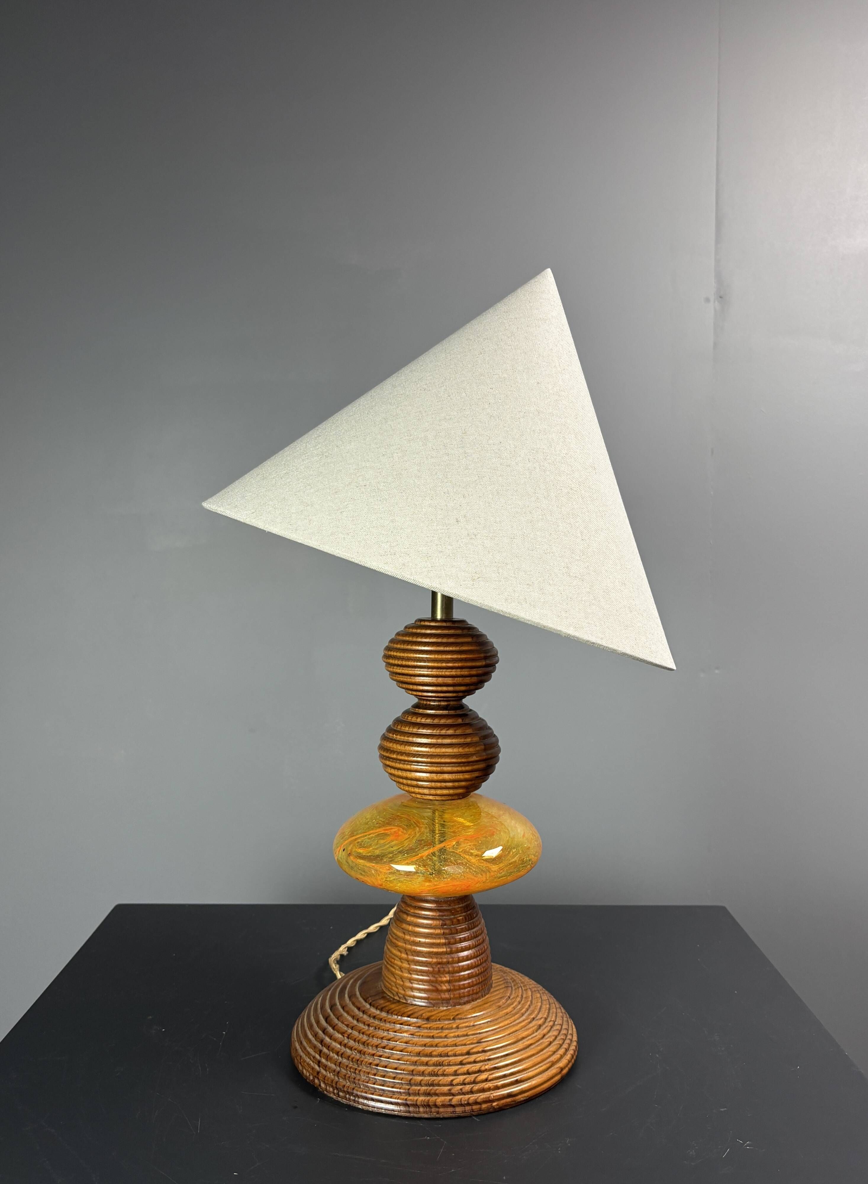 Midcentury wood turned adjustable table lamp with glass sphere, 1970s