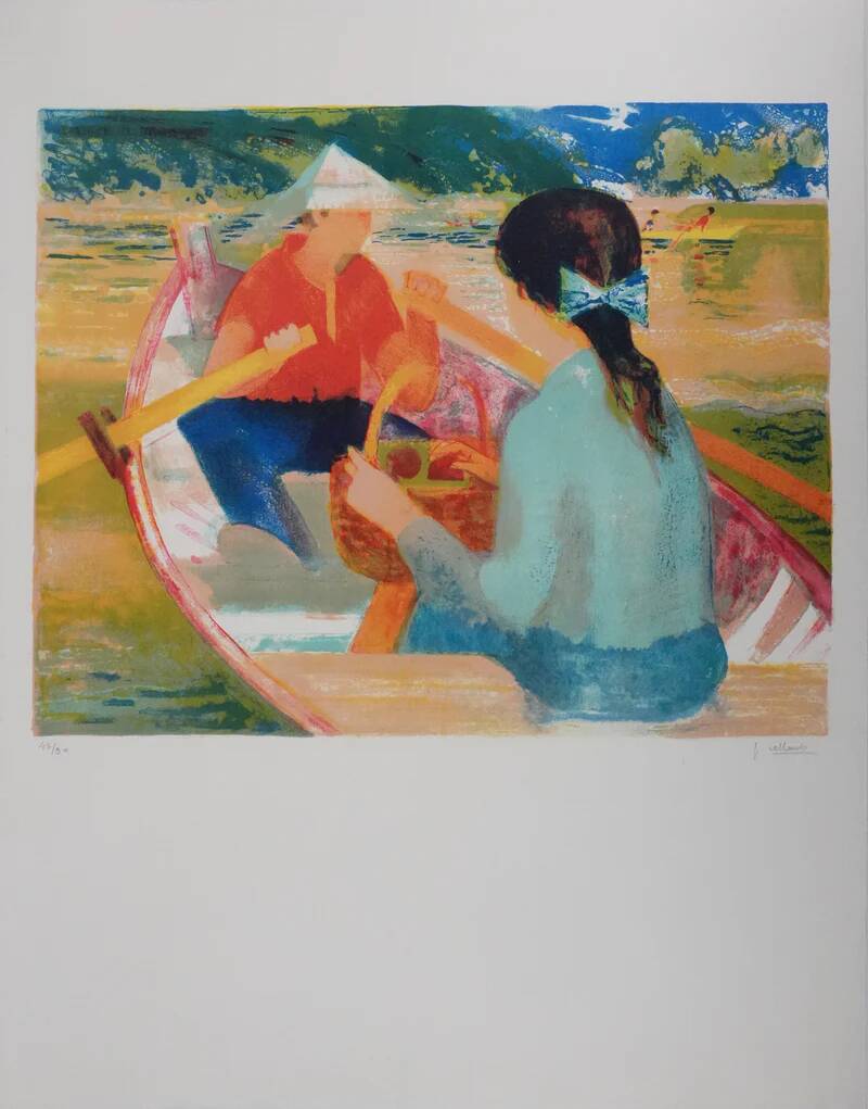 Paul COLLOMB : Barques au bois de Boulogne, lithographie originale signée