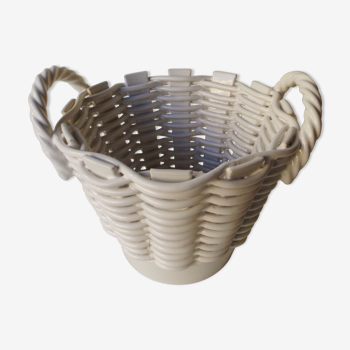 White braided ceramic planter, shaped basket, earthenware of Malicorne, circa 1950, Emile Tessier