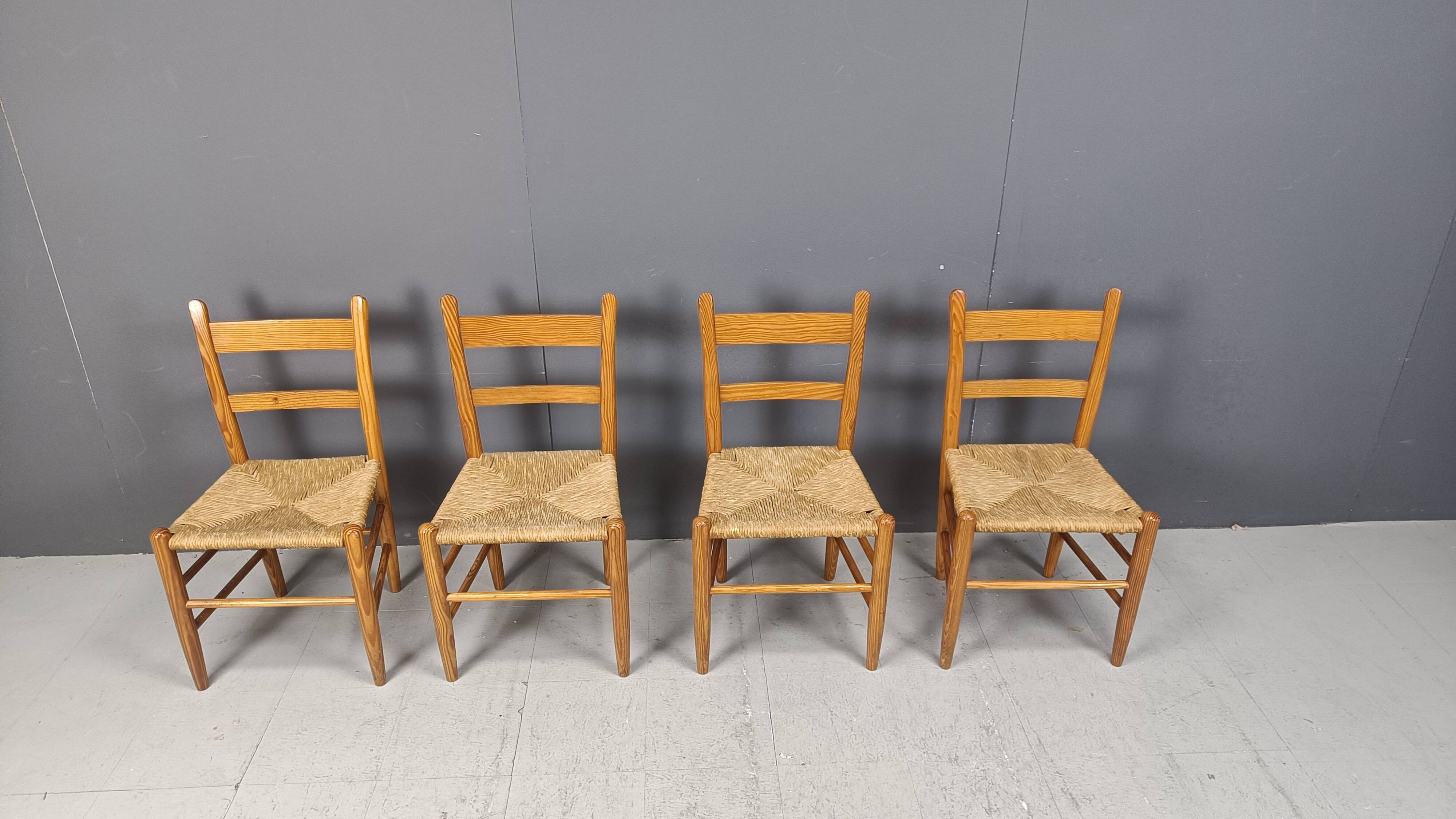 Mid century oak and wicker dining chairs, set of 4