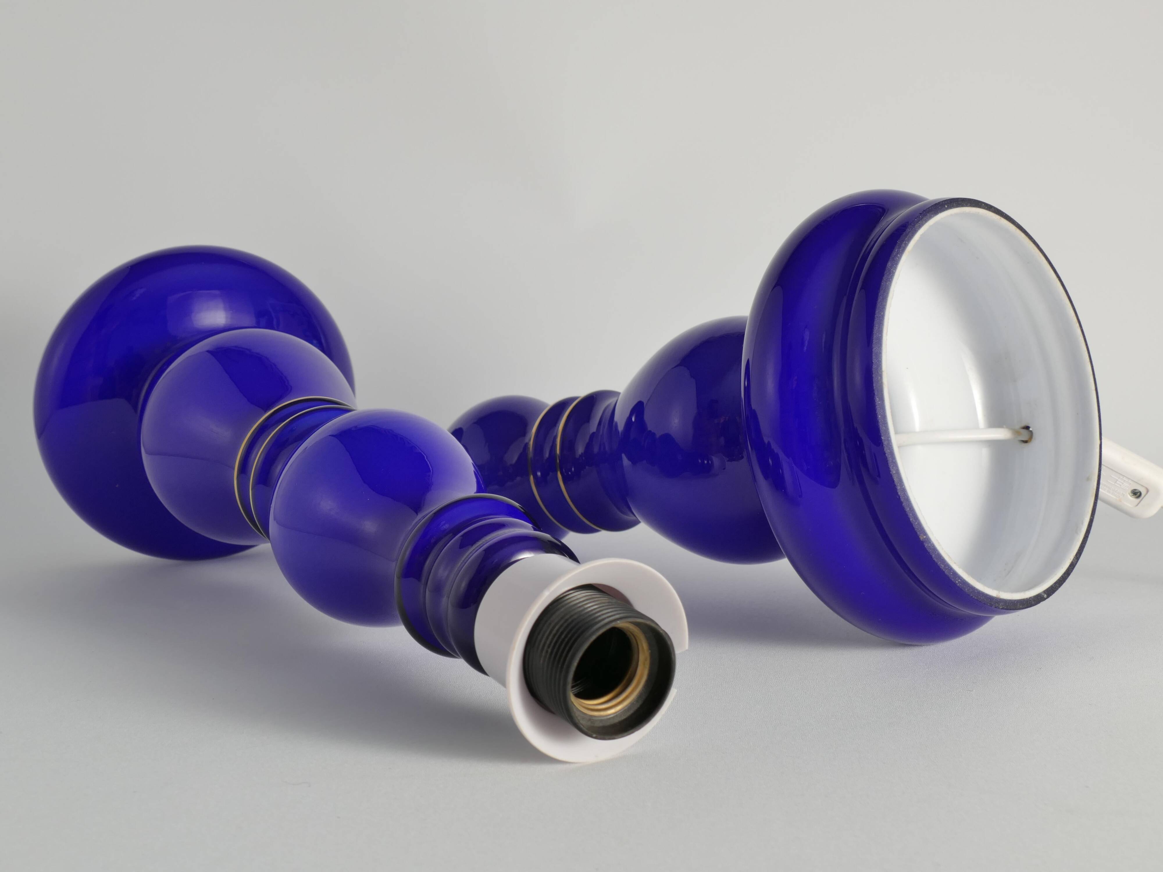 Baluster-shaped Cobalt Blue Glass Table Lamps, Rosdala Glassworks 1960, Set of 2