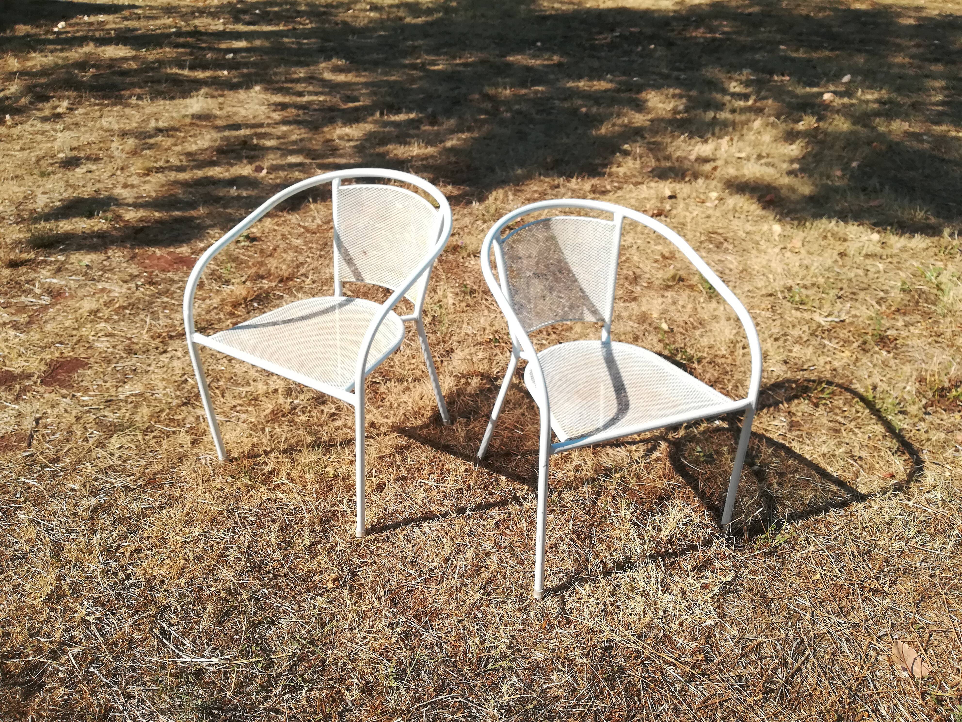 Pair of vintage white metal terrace armchairs