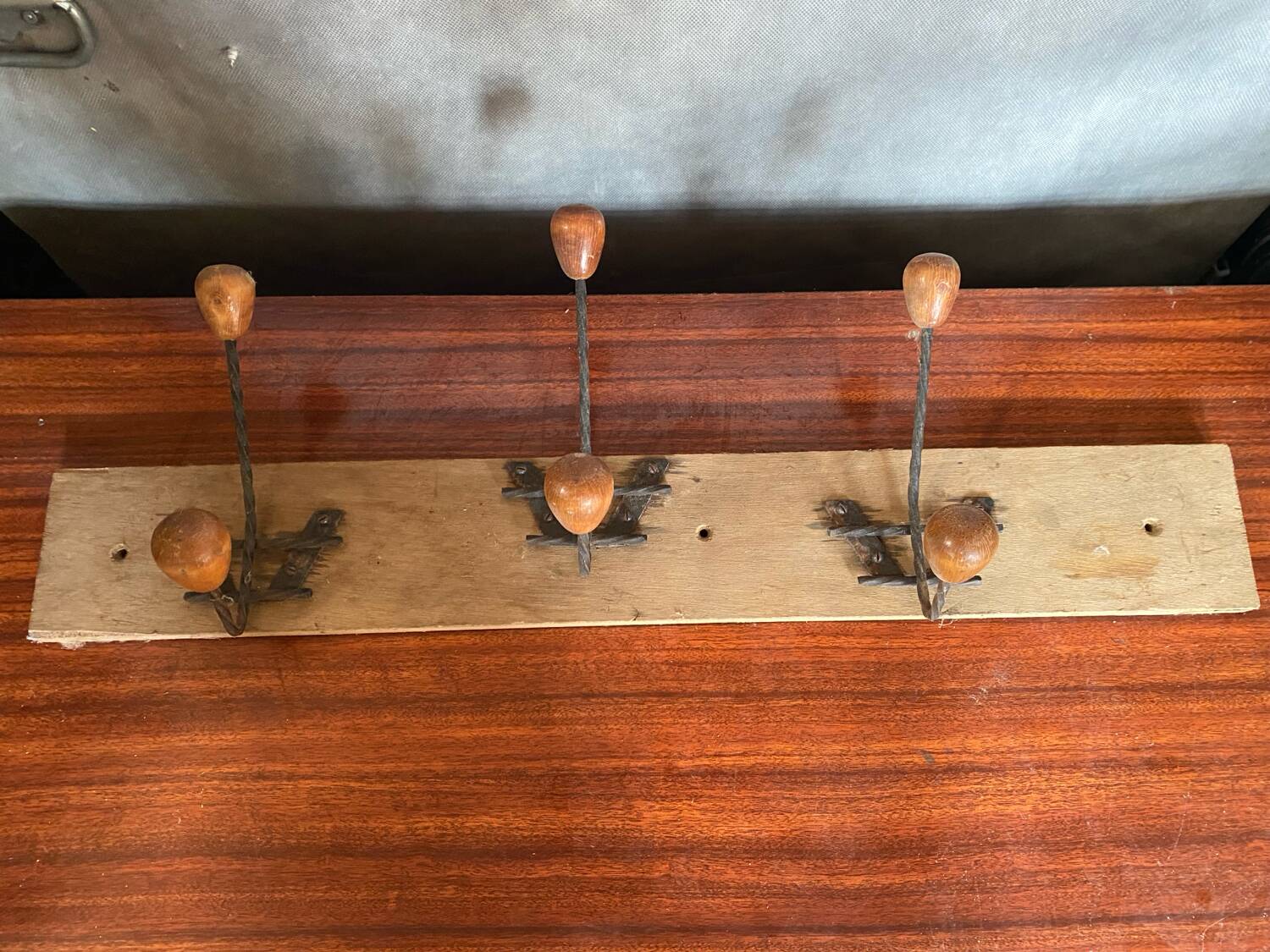 Old wooden wall coat rack + 3 wrought iron hooks & vintage wooden ball