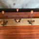 Old wooden wall coat rack + 3 wrought iron hooks & vintage wooden ball
