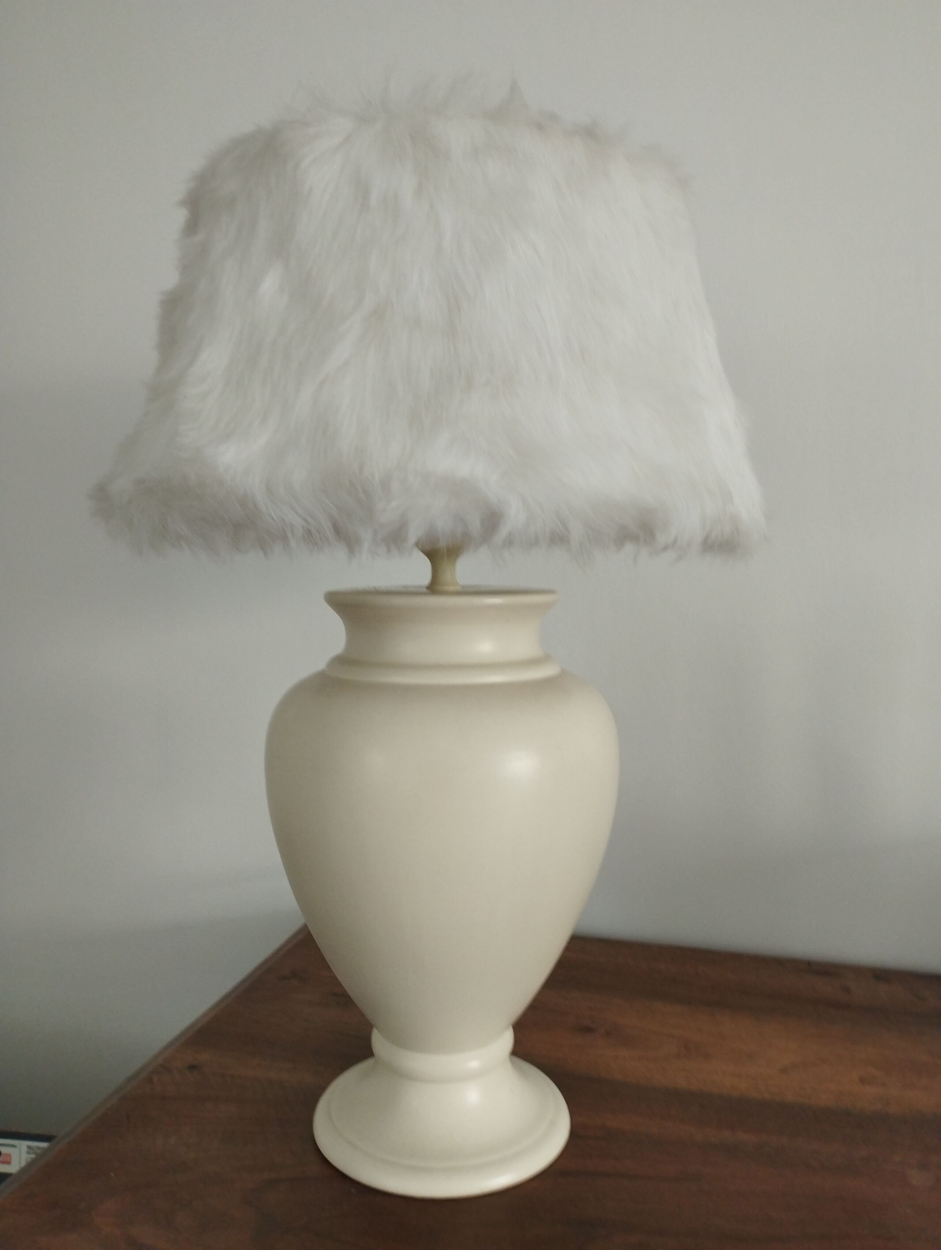 70s satin ceramic lamp and fur shade