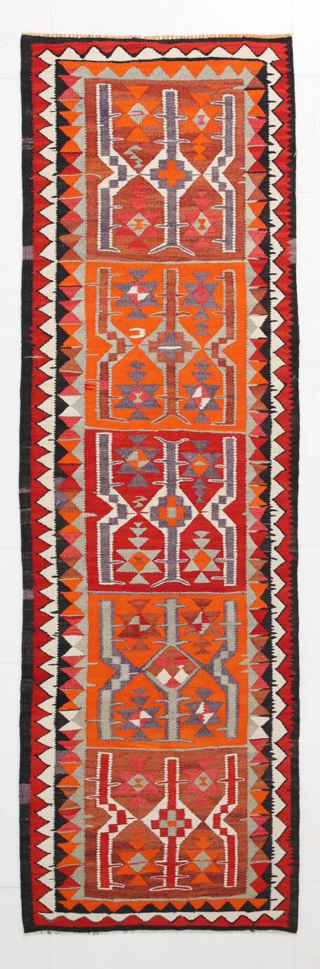 3x10 Red & Orange Tribal Kilim Runner Rug 93x308Cm SK 34615