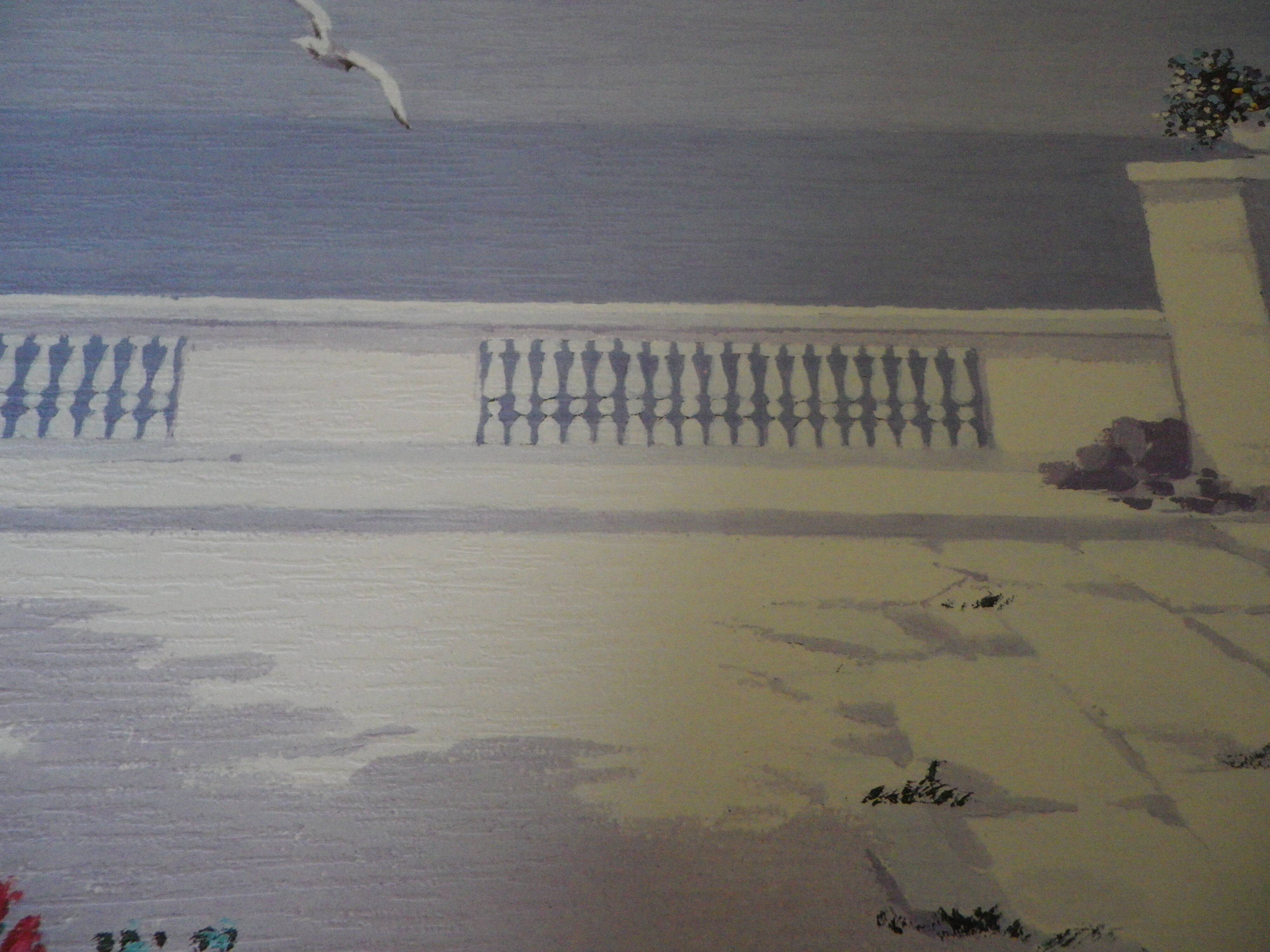 Giorgio Zuppini, Terrace by the Sea with Seagulls, Lithograph, 1970