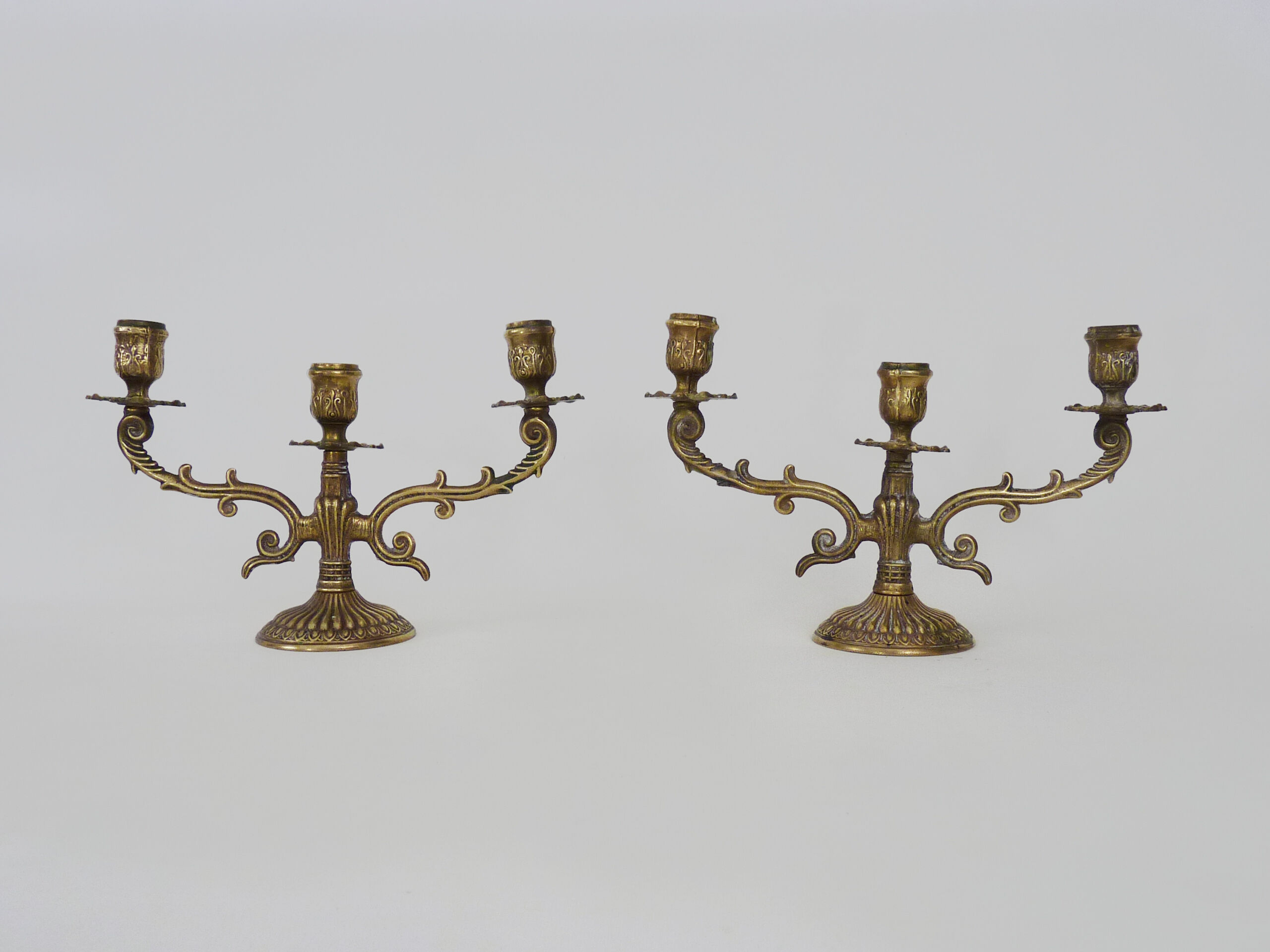 Pair of old candle holders with 3 branches in bronze, year 50/60