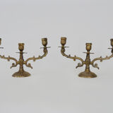 Pair of old candle holders with 3 branches in bronze, year 50/60