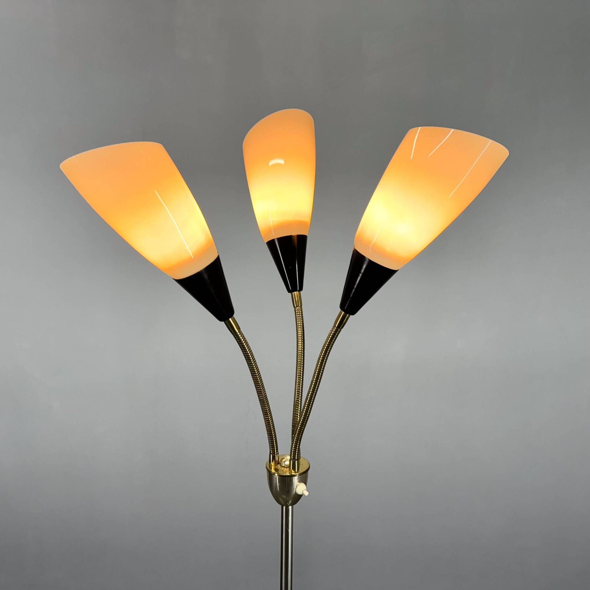 1950s Brass & Glass Adjustable Floor Lamp with Wooden Detail