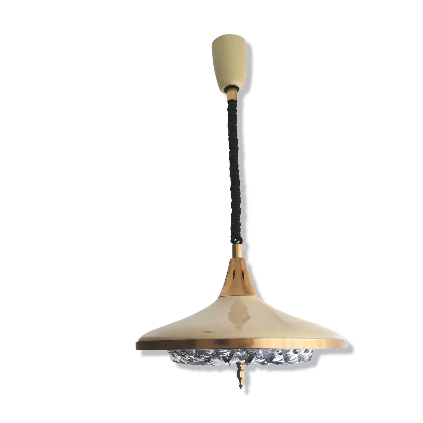 1960s mid century cream metal and crystal pull down large hanging lamp