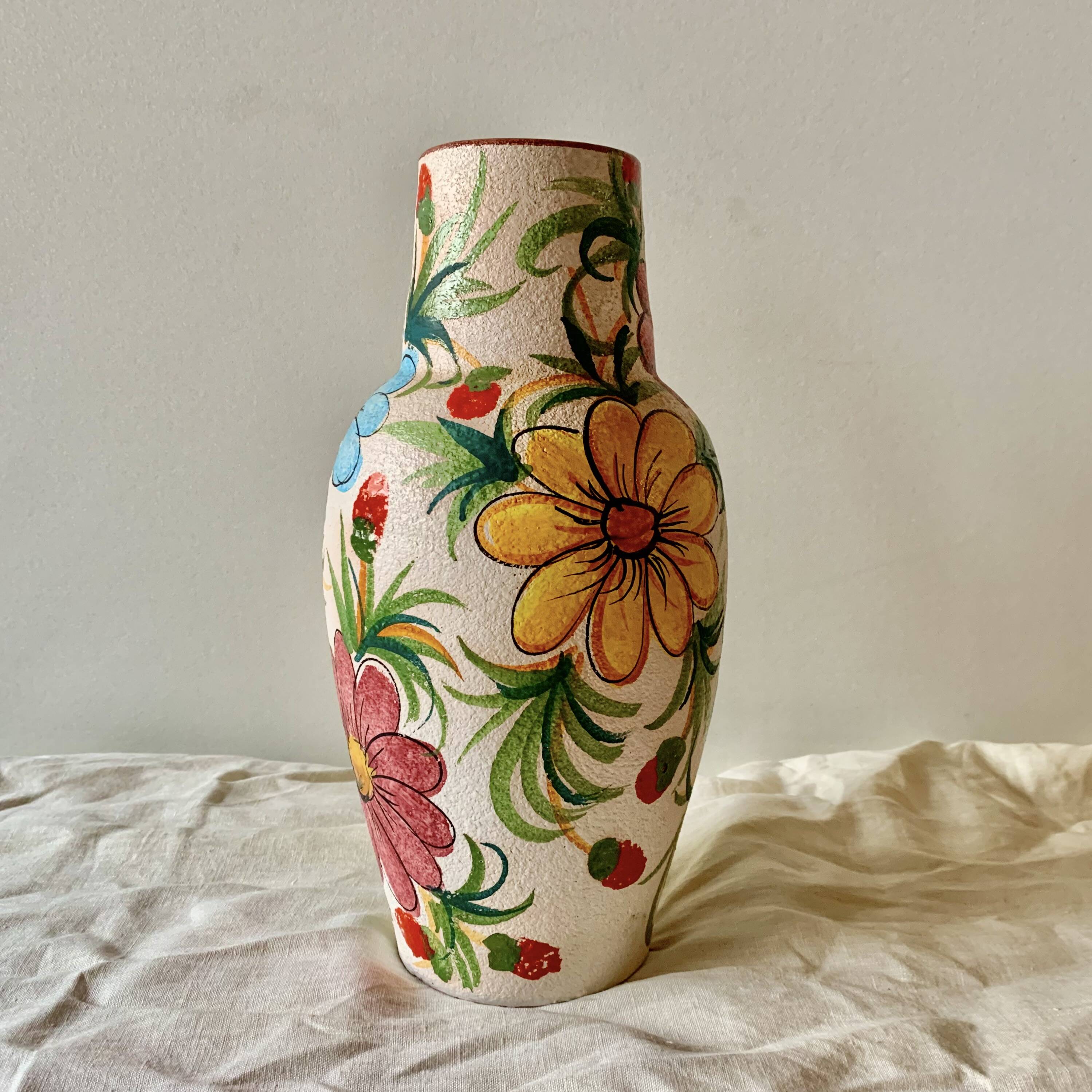 Large vintage ceramic vase - hand-painted floral decoration - Italy